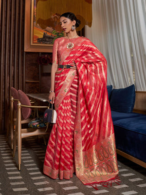 Rajwada Red Woven Design Silk Blend Saree With Unstitched Blouse For Women