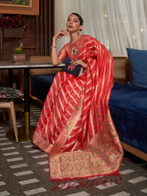Rajwada Red Woven Design Silk Blend Saree With Unstitched Blouse For Women