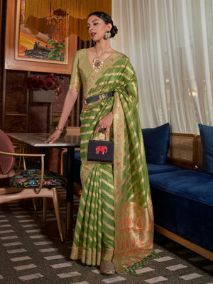 Rajwada Olive Woven Design Silk Blend Saree With Unstitched Blouse For Women