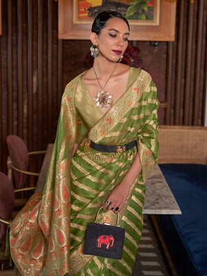 Rajwada Olive Woven Design Silk Blend Saree With Unstitched Blouse For Women