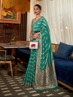 Rajwada Teal Woven Design Silk Blend Saree With Unstitched Blouse For Women