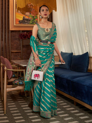 Rajwada Teal Woven Design Silk Blend Saree With Unstitched Blouse For Women
