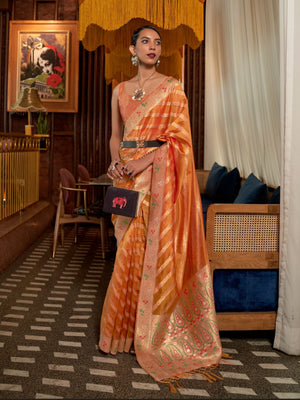 Rajwada Orange Woven Design Silk Blend Saree With Unstitched Blouse For Women