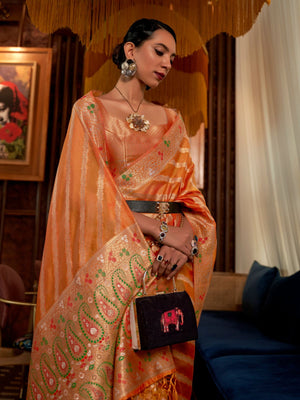 Rajwada Orange Woven Design Silk Blend Saree With Unstitched Blouse For Women