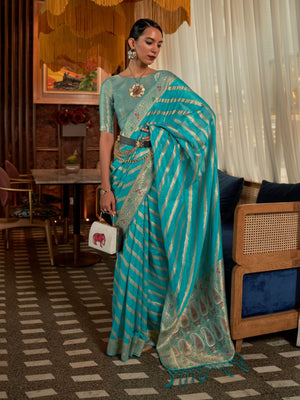 Rajwada Teal Woven Design Silk Blend Saree With Unstitched Blouse For Women