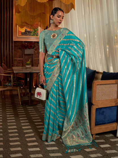 Rajwada Teal Woven Design Silk Blend Saree With Unstitched Blouse For Women