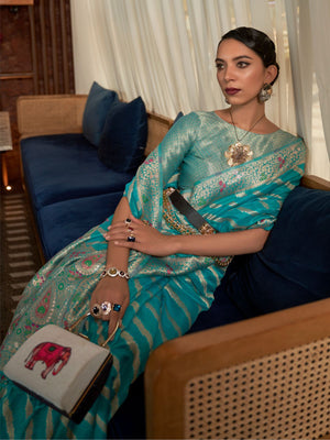 Rajwada Teal Woven Design Silk Blend Saree With Unstitched Blouse For Women