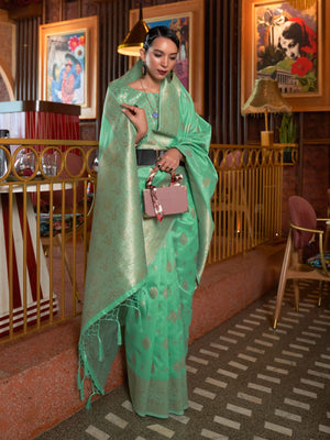 Rajwada Green Woven Design Silk Blend Saree With Unstitched Blouse For Women
