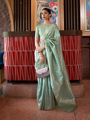 Rajwada Sea Green Woven Design Silk Blend Saree With Unstitched Blouse For Women