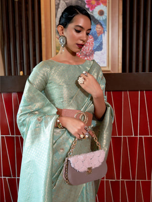 Rajwada Sea Green Woven Design Silk Blend Saree With Unstitched Blouse For Women