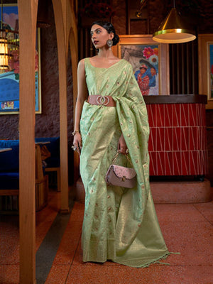 Rajwada Light Green Woven Design Silk Blend Saree With Unstitched Blouse For Women