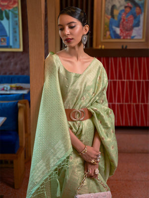 Rajwada Light Green Woven Design Silk Blend Saree With Unstitched Blouse For Women