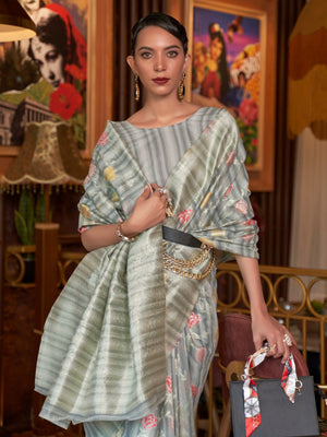 Rajwada Grey Woven Design Silk Blend Saree With Unstitched Blouse For Women