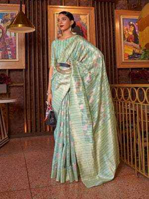 Rajwada Sea Green Woven Design Silk Blend Saree With Unstitched Blouse For Women