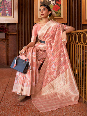 Rajwada Pink Woven Design Silk Blend Saree With Unstitched Blouse For Women