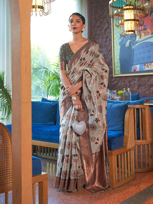 Rajwada Grey And Gold Woven Design Silk Blend Saree With Unstitched Blouse For Women