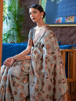 Rajwada Grey And Gold Woven Design Silk Blend Saree With Unstitched Blouse For Women