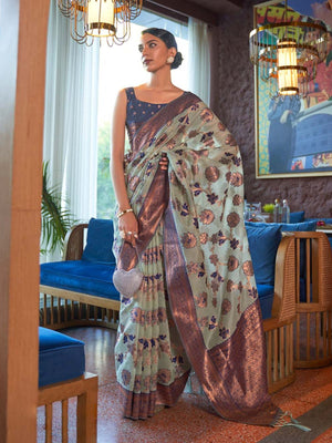 Rajwada Sea Green And Gold Woven Design Silk Blend Saree With Unstitched Blouse For Women