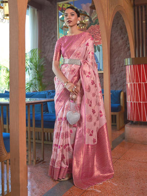 Rajwada Pink Woven Design Silk Blend Saree With Unstitched Blouse For Women