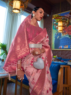 Rajwada Pink Woven Design Silk Blend Saree With Unstitched Blouse For Women