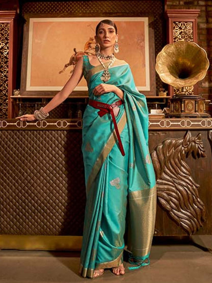 Rajwada Blue And Gold Woven Design Silk Blend Saree With Unstitched Blouse For Women