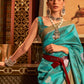 Rajwada Blue And Gold Woven Design Silk Blend Saree With Unstitched Blouse For Women