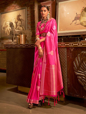 Rajwada Pink And Gold Woven Design Silk Blend Saree With Unstitched Blouse For Women