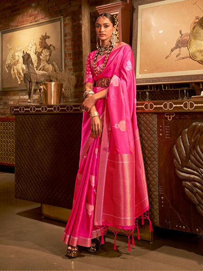 Rajwada Pink And Gold Woven Design Silk Blend Saree With Unstitched Blouse For Women
