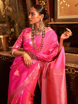 Rajwada Pink And Gold Woven Design Silk Blend Saree With Unstitched Blouse For Women