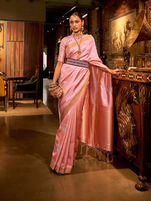 Rajwada Pink And Gold Woven Design Silk Blend Saree With Unstitched Blouse For Women