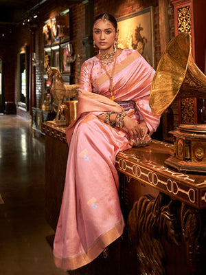 Rajwada Pink And Gold Woven Design Silk Blend Saree With Unstitched Blouse For Women
