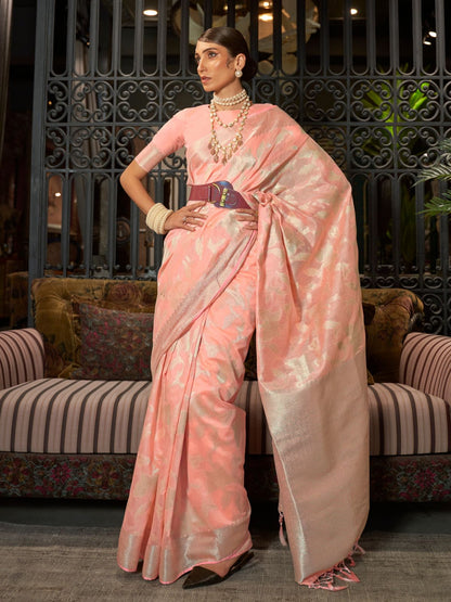 Rajwada Peach Woven Design Silk Blend Saree With Unstitched Blouse For Women