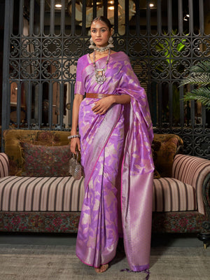 Rajwada Purple Woven Design Silk Blend Saree With Unstitched Blouse For Women