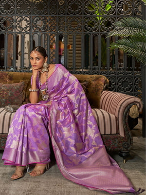 Rajwada Purple Woven Design Silk Blend Saree With Unstitched Blouse For Women