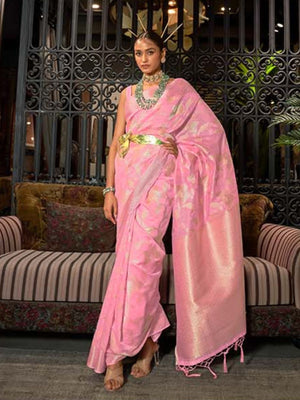Rajwada Pink Woven Design Silk Blend Saree With Unstitched Blouse For Women