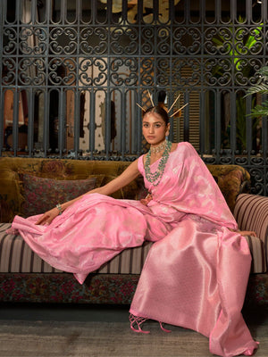Rajwada Pink Woven Design Silk Blend Saree With Unstitched Blouse For Women