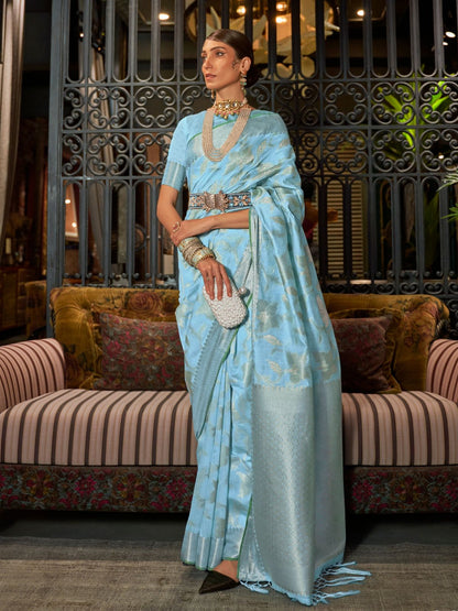 Rajwada Blue Woven Design Silk Blend Saree With Unstitched Blouse For Women