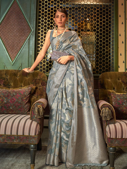 Rajwada Grey Woven Design Silk Blend Saree With Unstitched Blouse For Women