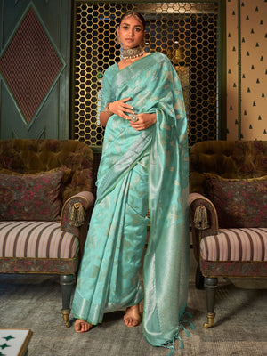 Rajwada Sea Green Woven Design Silk Blend Saree With Unstitched Blouse For Women