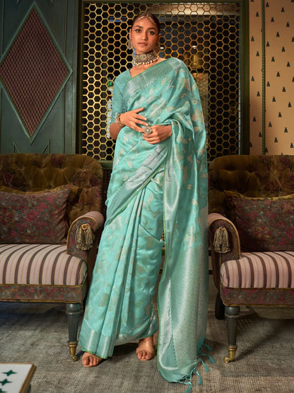 Rajwada Sea Green Woven Design Silk Blend Saree With Unstitched Blouse For Women