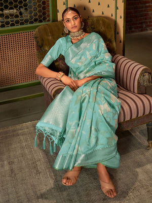 Rajwada Sea Green Woven Design Silk Blend Saree With Unstitched Blouse For Women