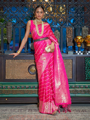 Rajwada Pink And Silver Woven Design Silk Blend Saree With Unstitched Blouse For Women