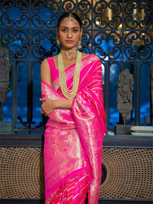 Rajwada Pink And Silver Woven Design Silk Blend Saree With Unstitched Blouse For Women