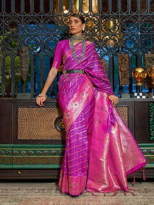 Rajwada Pink And Purple Woven Design Silk Blend Saree With Unstitched Blouse For Women