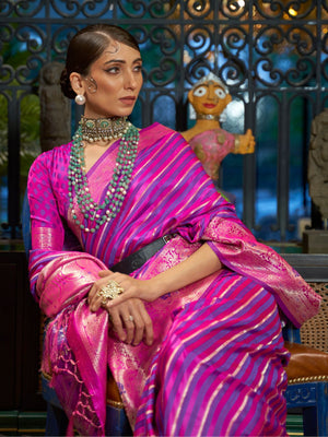 Rajwada Pink And Purple Woven Design Silk Blend Saree With Unstitched Blouse For Women