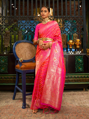 Rajwada Pink And Yellow Woven Design Silk Blend Saree With Unstitched Blouse For Women