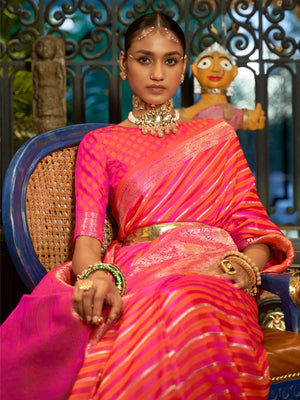 Rajwada Pink And Yellow Woven Design Silk Blend Saree With Unstitched Blouse For Women