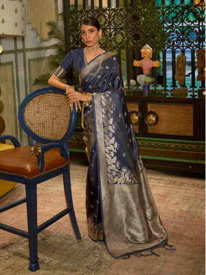 Rajwada Navy Blue And Gold Woven Design Silk Blend Saree With Unstitched Blouse For Women