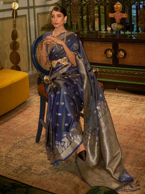Rajwada Navy Blue And Gold Woven Design Silk Blend Saree With Unstitched Blouse For Women