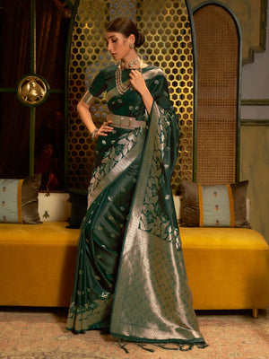 Rajwada Green And Gold Woven Design Silk Blend Saree With Unstitched Blouse For Women